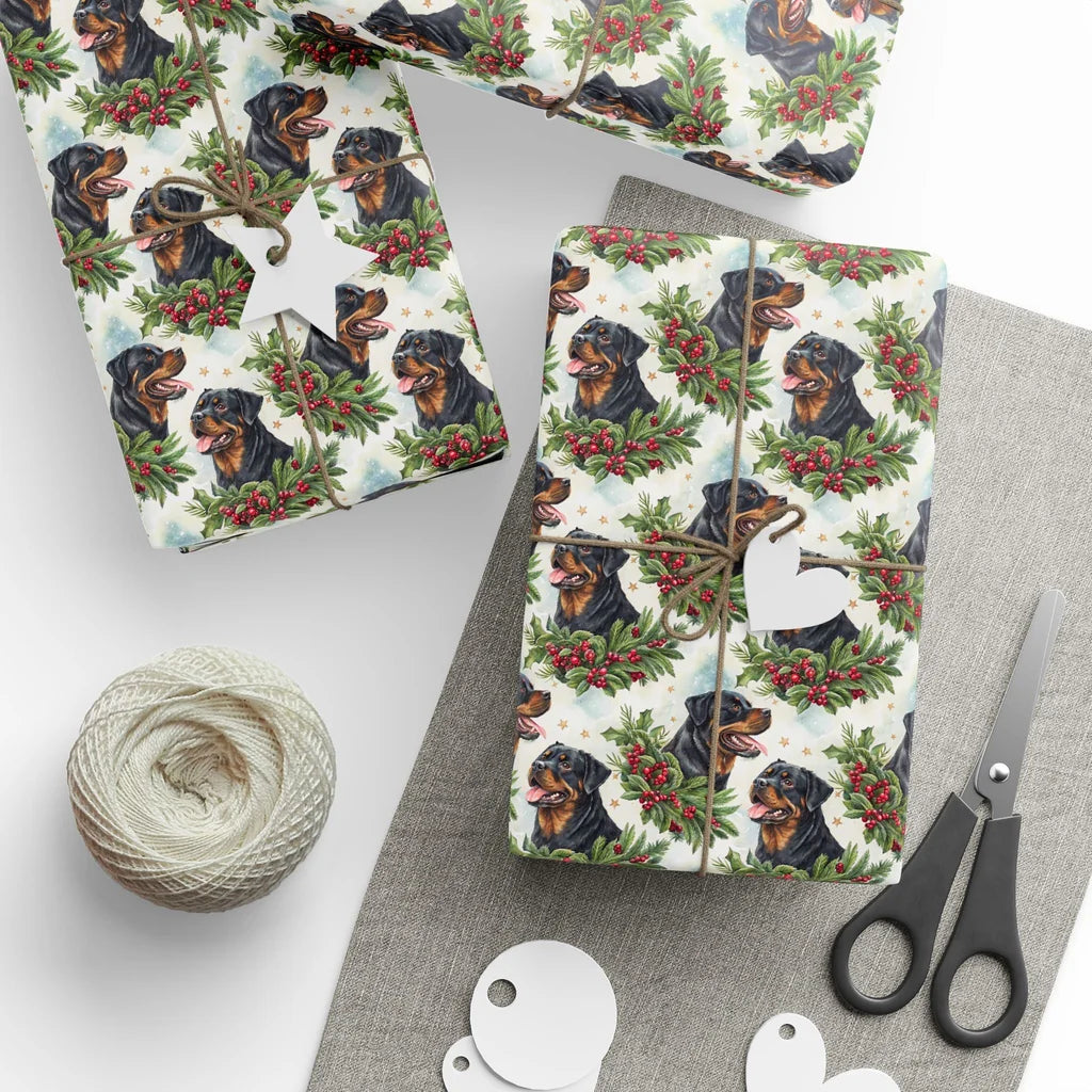 Rottweiler Christmas Wrapping Paper — styled gift wrapping with scissors and twine