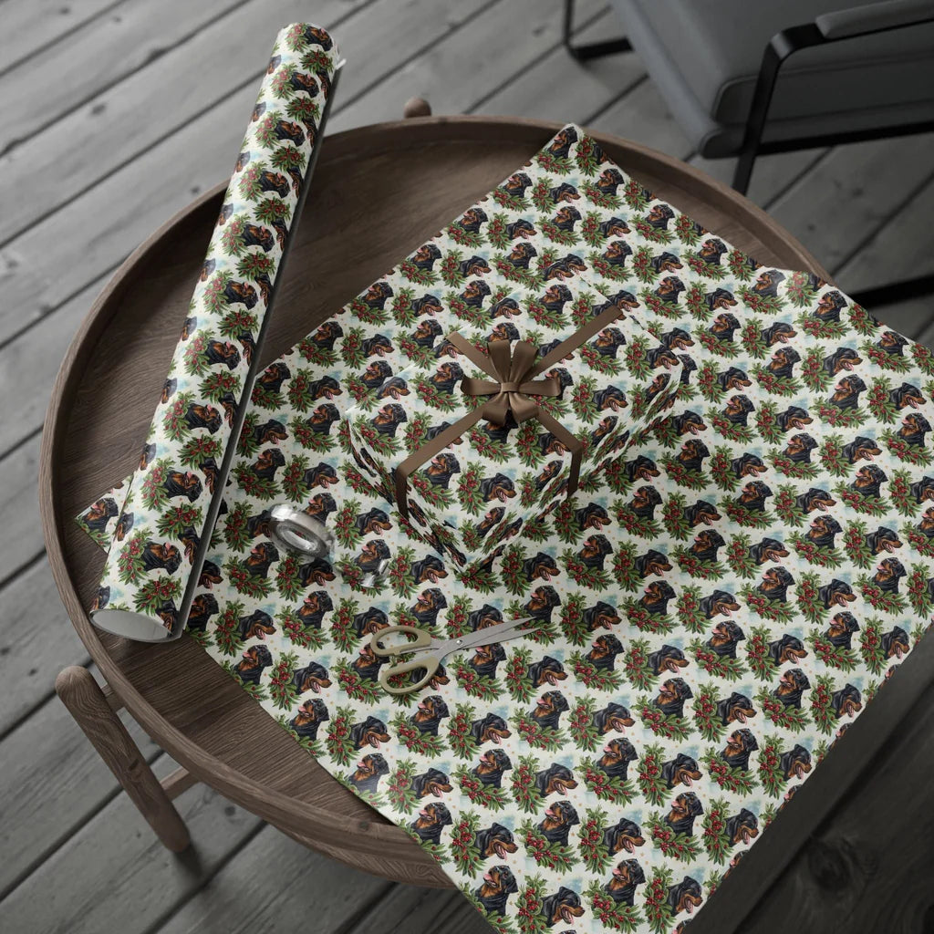 Rottweiler Christmas Wrapping Paper — gift wrapping presented on a wooden table