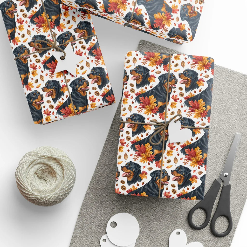 Rottweiler Fall Autumn Wrapping Paper — styled gift wrapping with scissors and twine