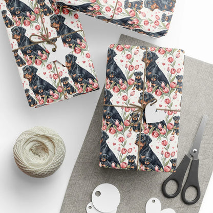 Rottweiler Floral Wrapping Paper — styled gift wrapping with scissors and twine