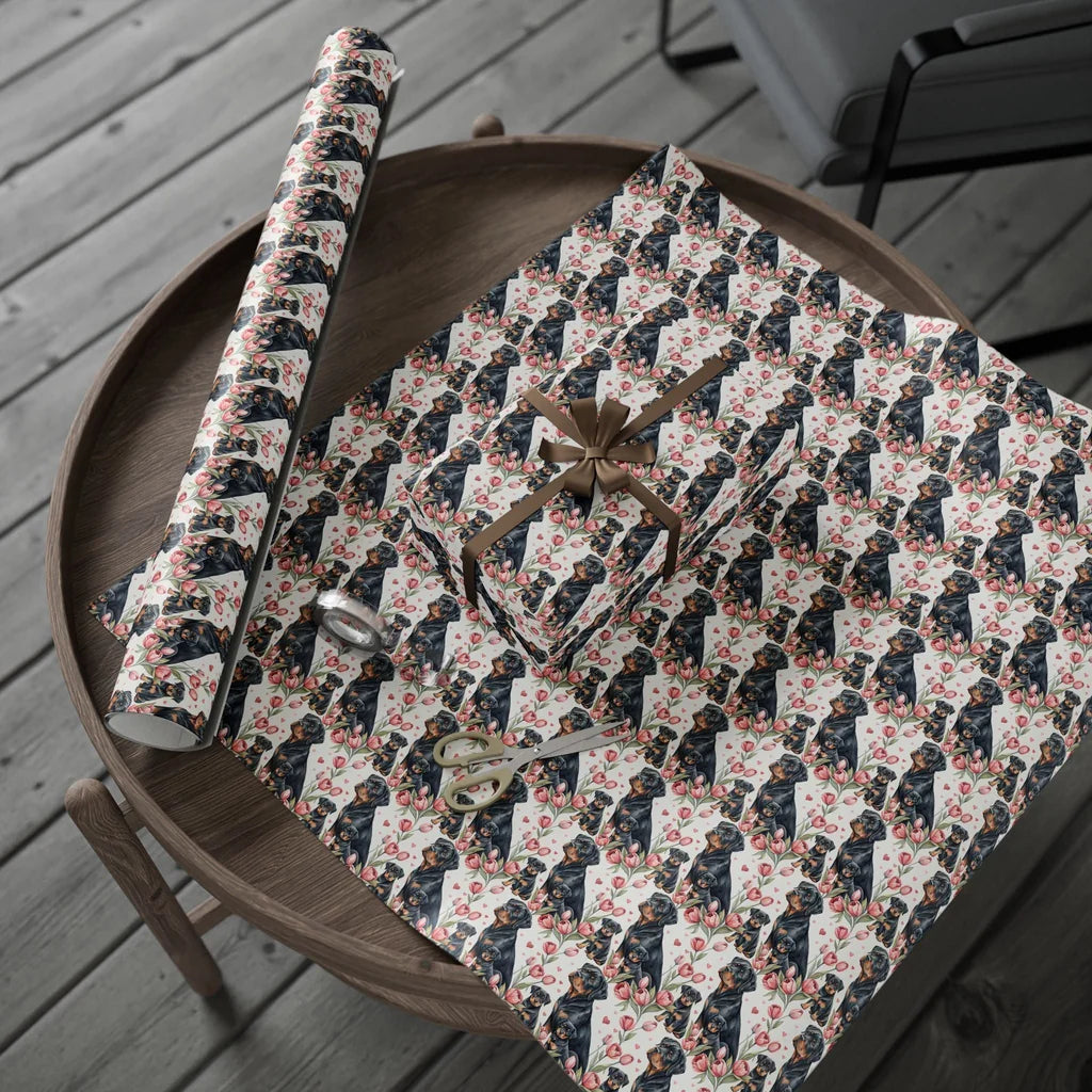 Rottweiler Floral Wrapping Paper — gift wrapping presented on a wooden table
