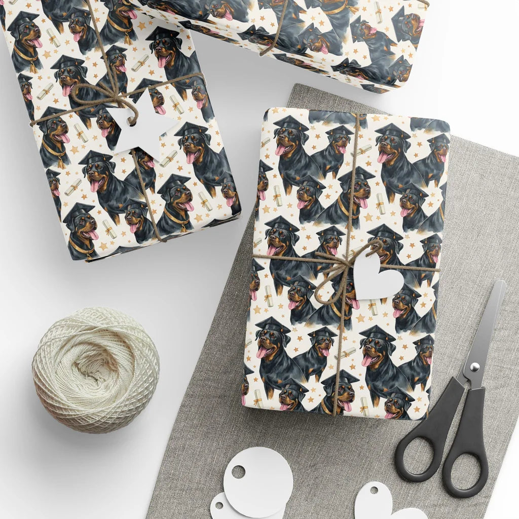 Rottweiler Graduation Wrapping Paper — styled gift wrapping with scissors and twine