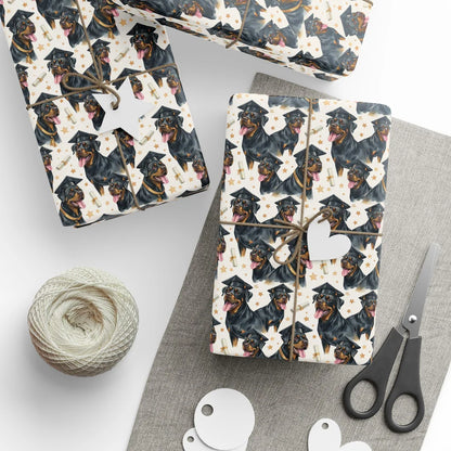 Rottweiler Graduation Wrapping Paper — styled gift wrapping with scissors and twine