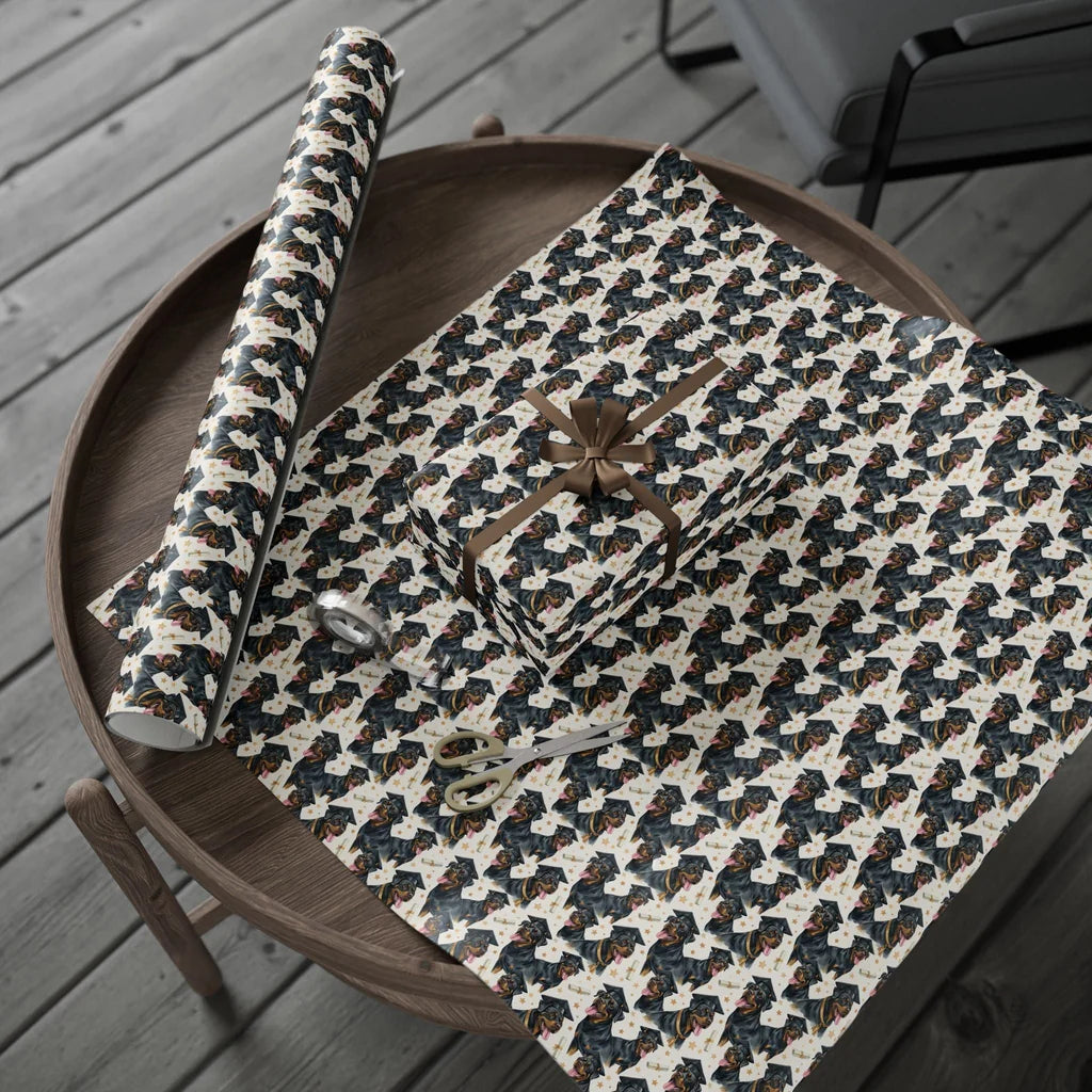 Rottweiler Graduation Wrapping Paper — gift wrapping presented on a wooden table