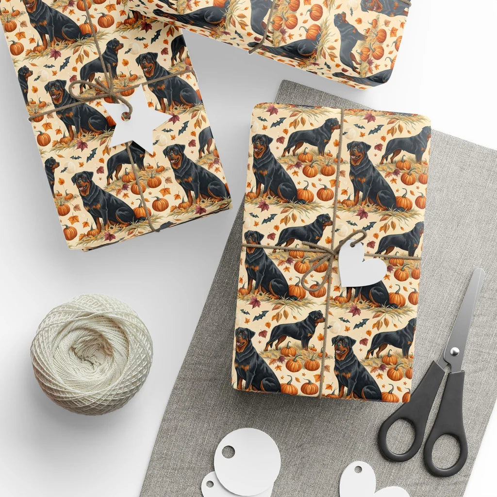 Rottweiler Halloween Wrapping Paper — styled gift wrapping with scissors and twine