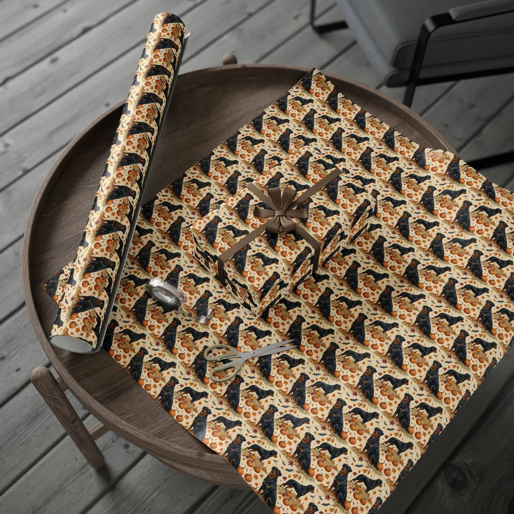 Rottweiler Halloween Wrapping Paper — gift wrapping presented on a wooden table