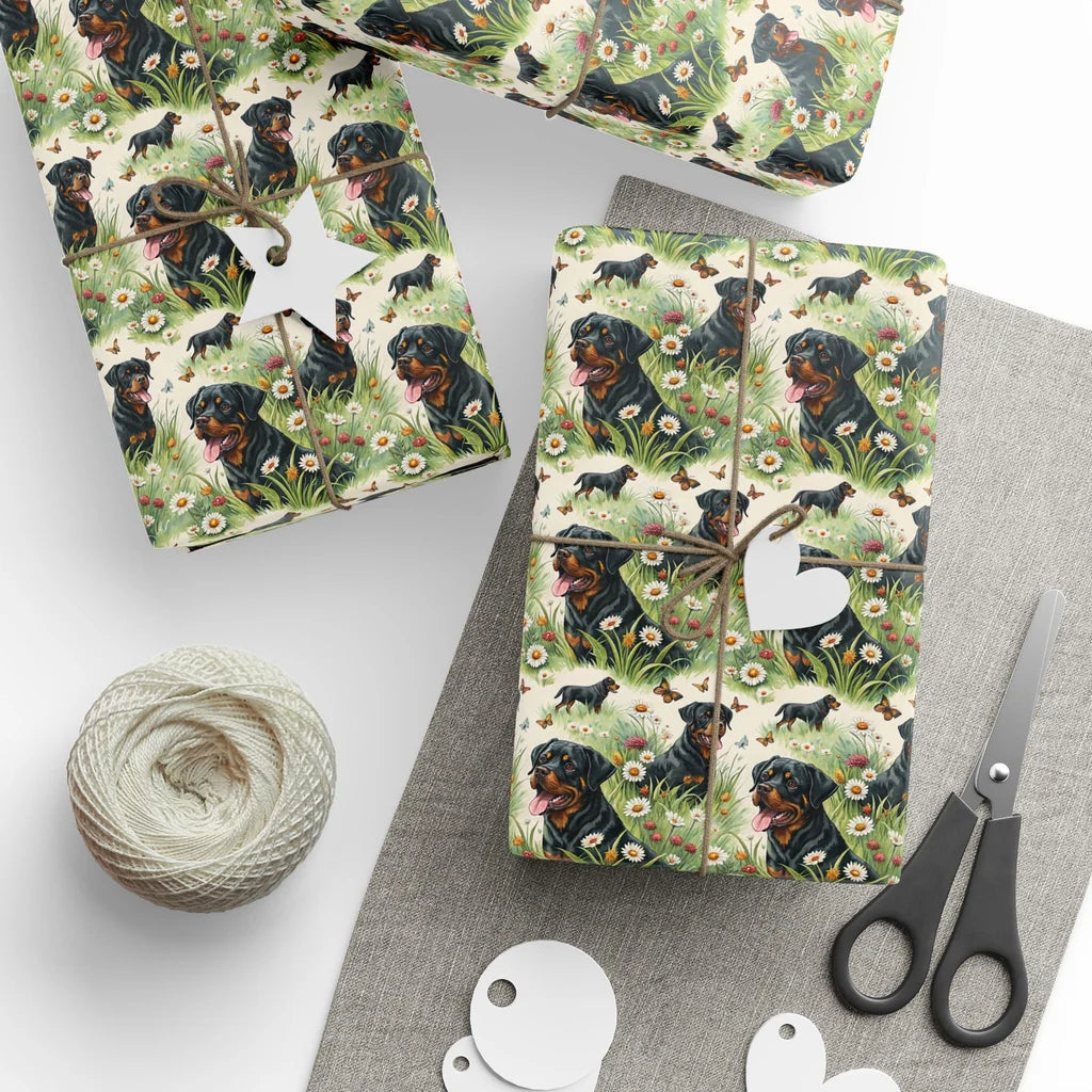 Rottweiler in a Wildflower Meadow Wrapping Paper — styled gift wrapping with scissors and twine
