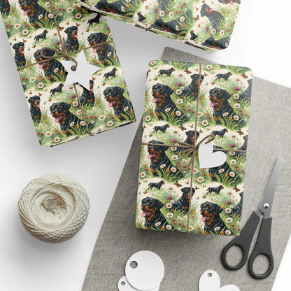 Rottweiler in a Wildflower Meadow Wrapping Paper — styled gift wrapping with scissors and twine