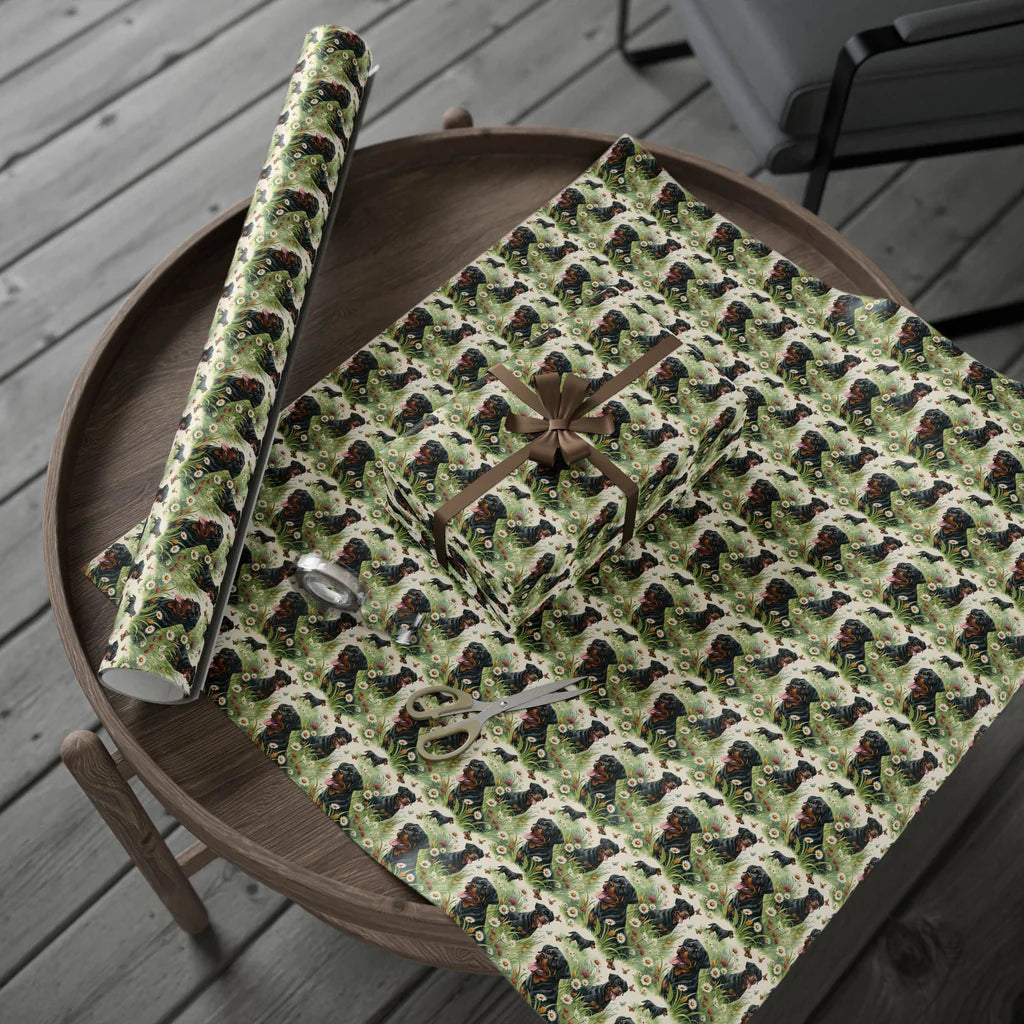 Rottweiler in a Wildflower Meadow Wrapping Paper — gift wrapping presented on a wooden table