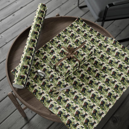Rottweiler in a Wildflower Meadow Wrapping Paper — gift wrapping presented on a wooden table
