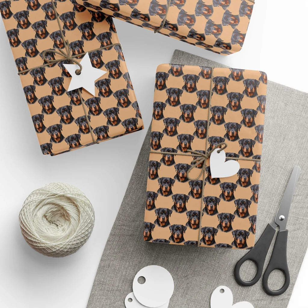 Rottweiler Portrait Wrapping Paper — styled gift wrapping with scissors and twine