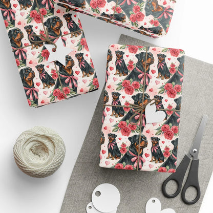Rottweiler Valentine's Day Wrapping Paper — styled gift wrapping with scissors and twine