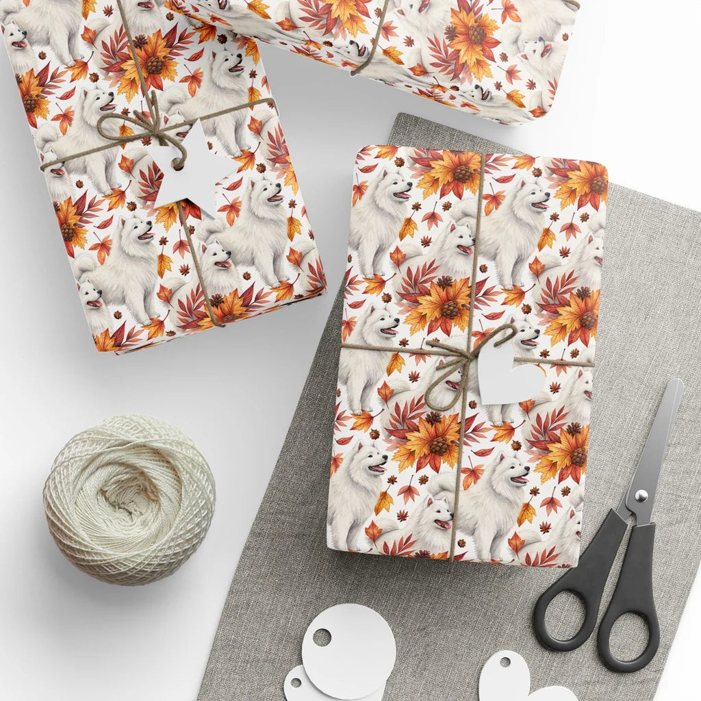 Samoyed Autumn Wrapping Paper — styled gift wrapping with scissors and twine
