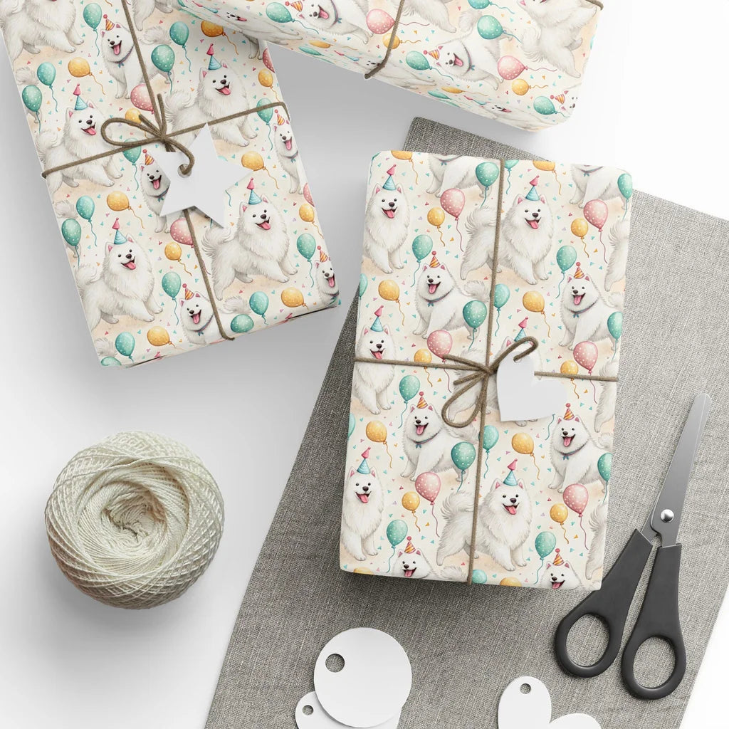 Samoyed Birthday Wrapping Paper — styled gift wrapping with scissors and twine
