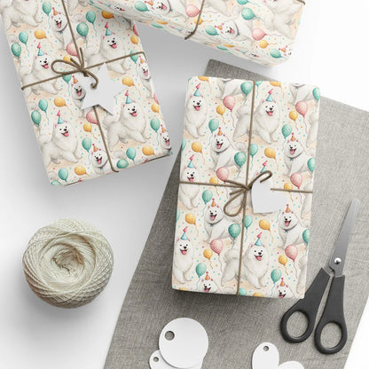 Samoyed Birthday Wrapping Paper — styled gift wrapping with scissors and twine