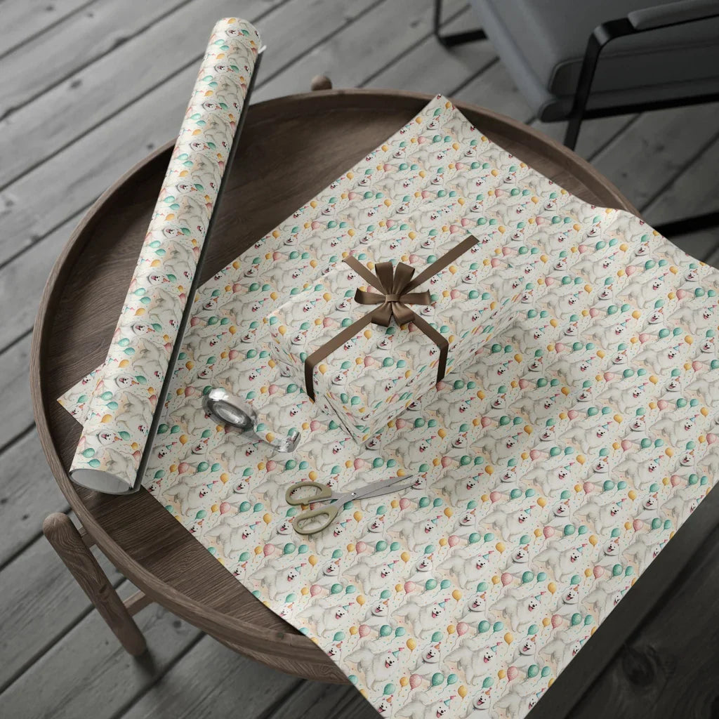 Samoyed Birthday Wrapping Paper — gift wrapping presented on a wooden table