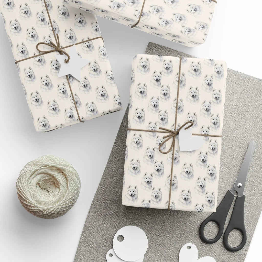 Samoyed Portrait Wrapping Paper — styled gift wrapping with scissors and twine