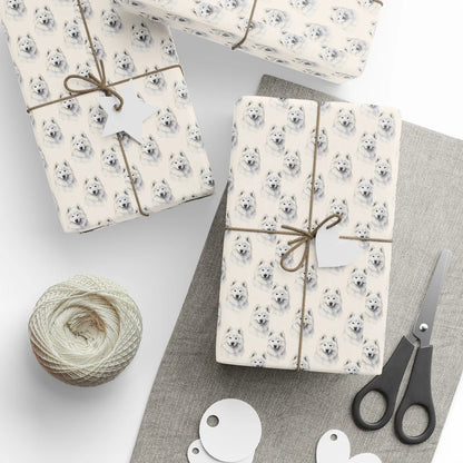 Samoyed Portrait Wrapping Paper — styled gift wrapping with scissors and twine