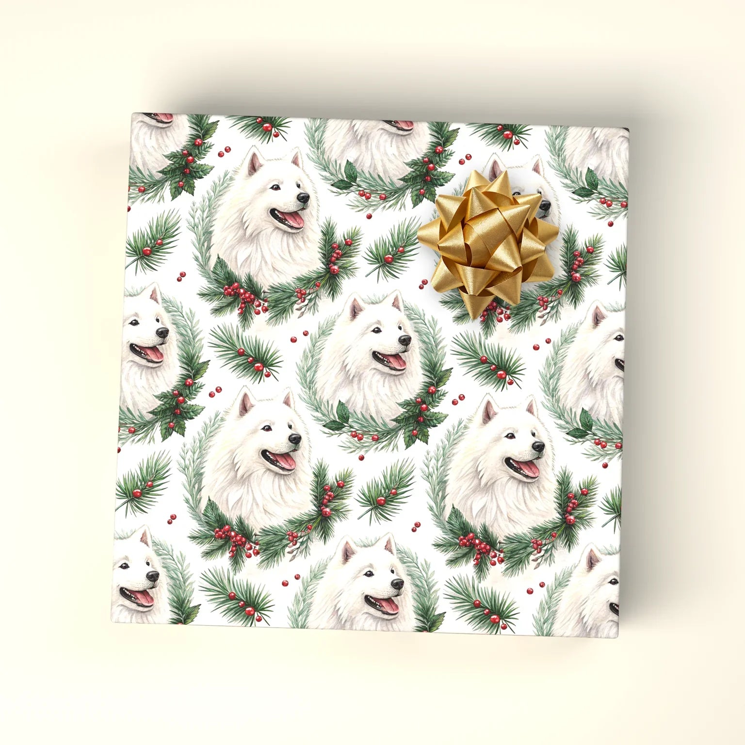 Samoyed Portrait Wreath Wrapping Paper — wrapped gift presentation