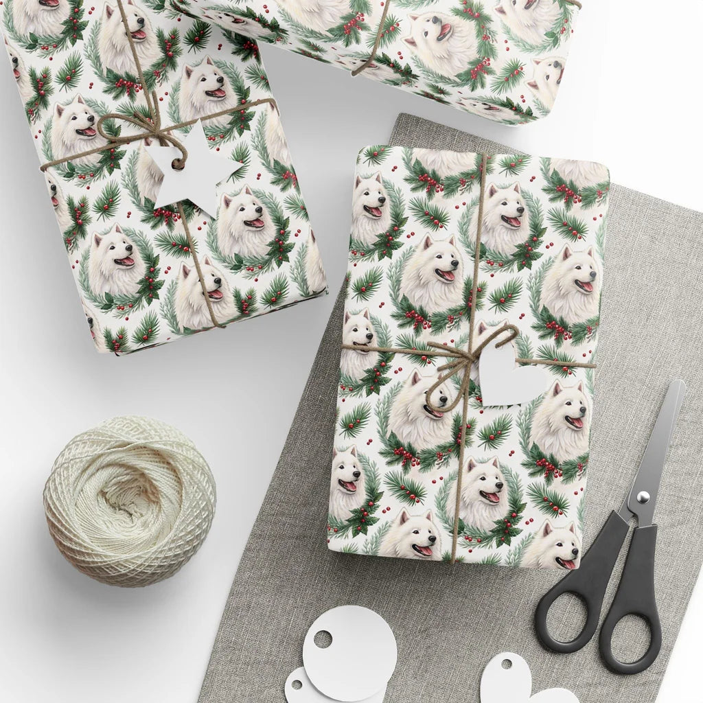 Samoyed Portrait Wreath Wrapping Paper — styled gift wrapping with scissors and twine