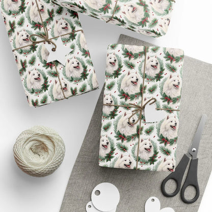 Samoyed Portrait Wreath Wrapping Paper — styled gift wrapping with scissors and twine
