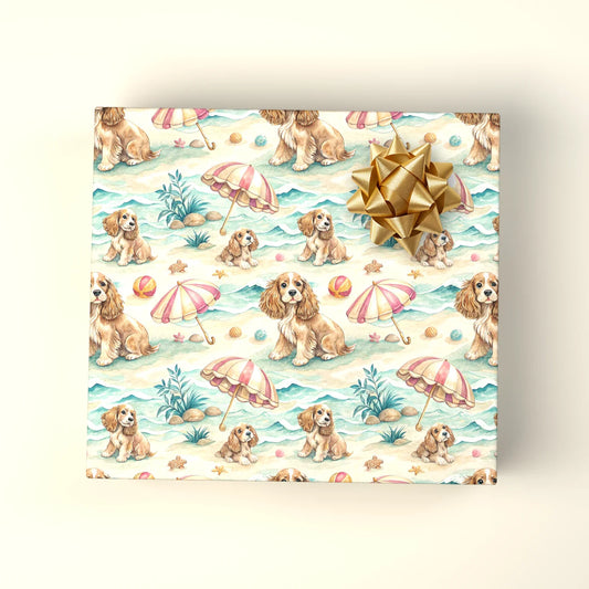 Sandy Paws: Cocker Spaniel Beach Day Wrapping Paper — wrapped gift presentation