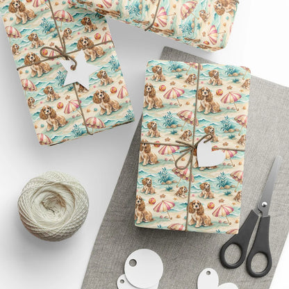 Sandy Paws: Cocker Spaniel Beach Day Wrapping Paper — styled gift wrapping with scissors and twine