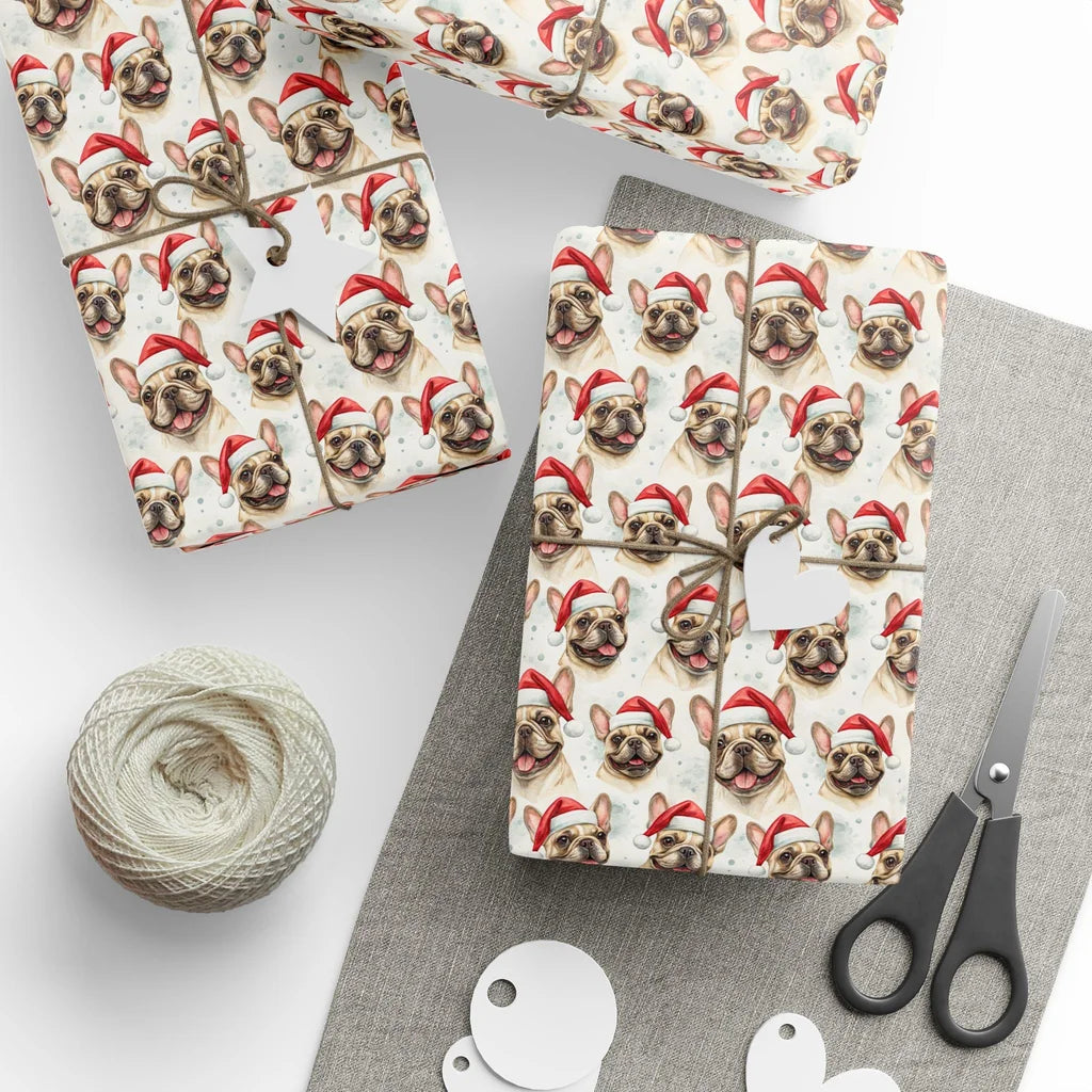 Santa Frenchie Christmas Wrapping Paper — styled gift wrapping with scissors and twine