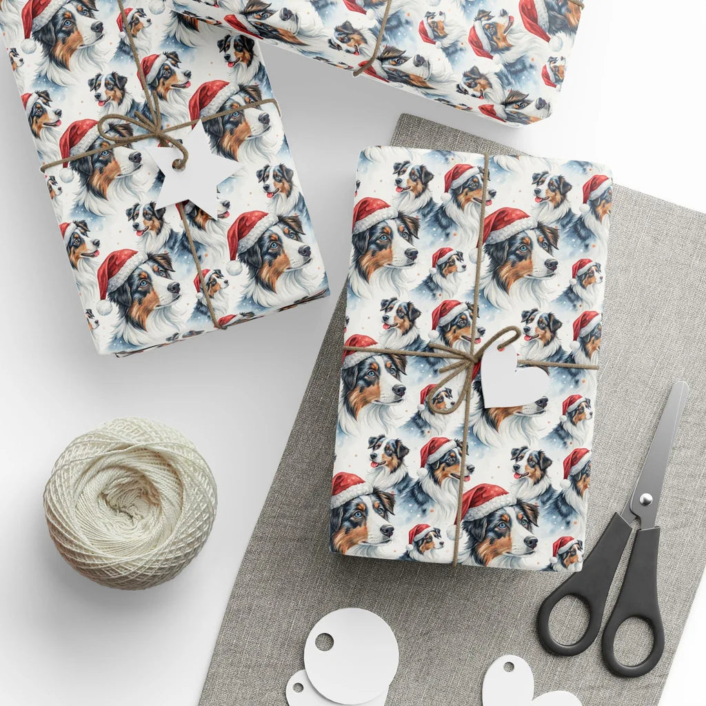 Santa Paws Australian Shepherd Christmas Wrapping Paper — styled gift wrapping with scissors and twine