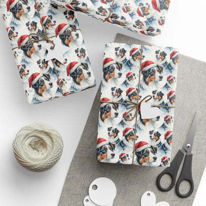 Santa Paws Australian Shepherd Christmas Wrapping Paper — styled gift wrapping with scissors and twine