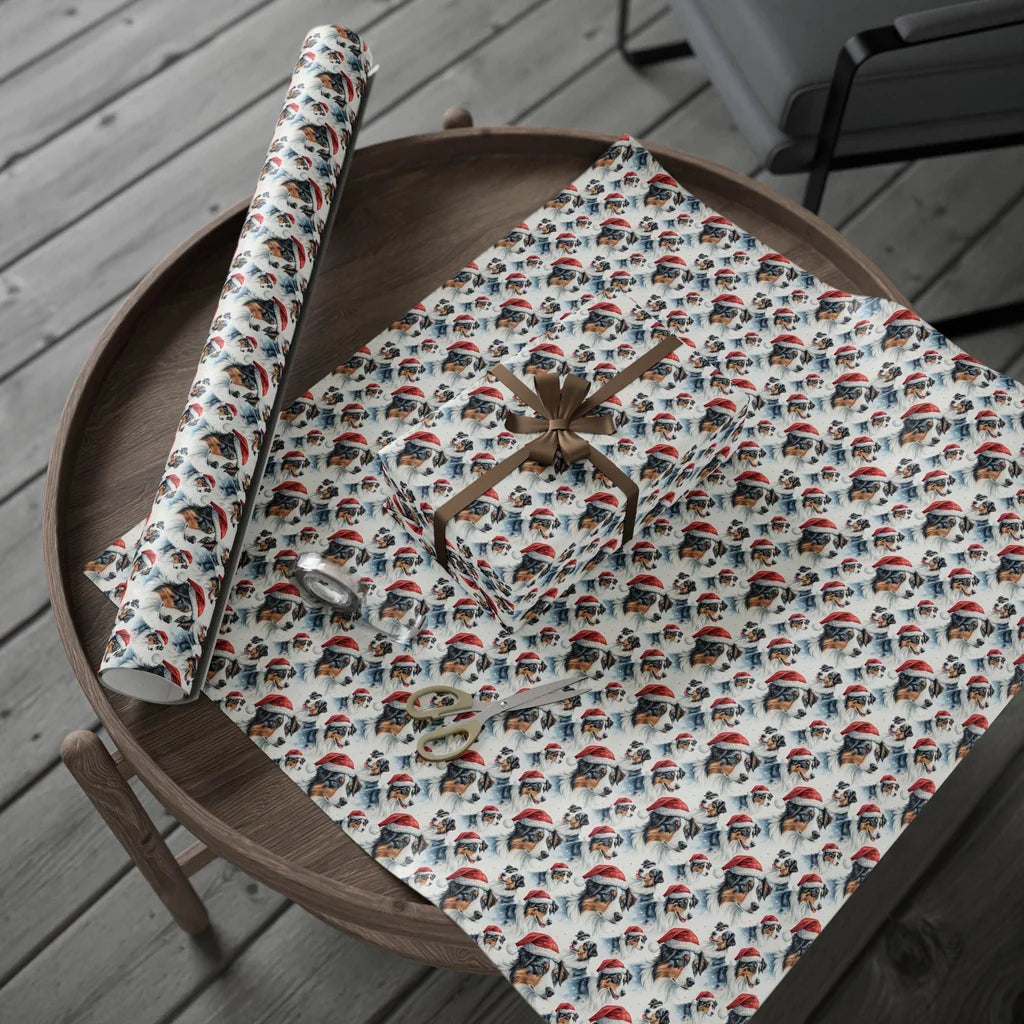 Santa Paws Australian Shepherd Christmas Wrapping Paper — gift wrapping presented on a wooden table