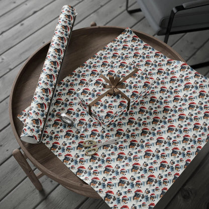 Santa Paws Australian Shepherd Christmas Wrapping Paper — gift wrapping presented on a wooden table