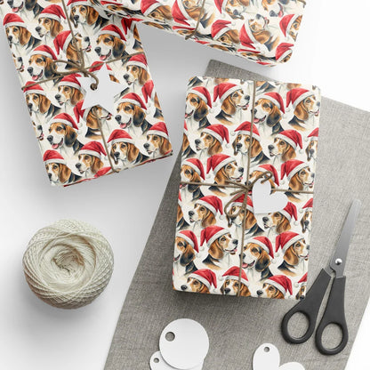 Santa Paws Beagle Christmas Wrapping Paper — styled gift wrapping with scissors and twine