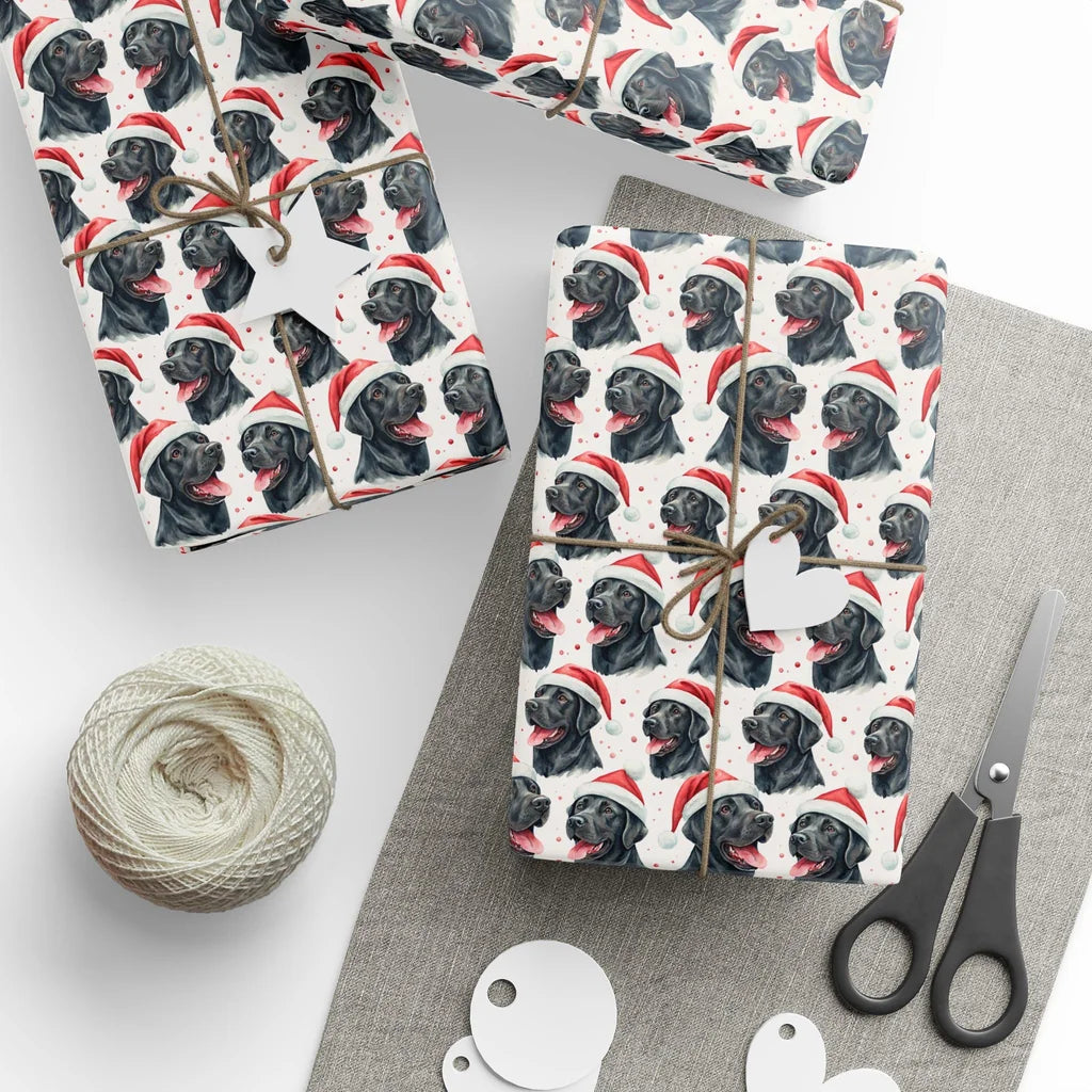 Santa Paws Black Lab Christmas Wrapping Paper — styled gift wrapping with scissors and twine