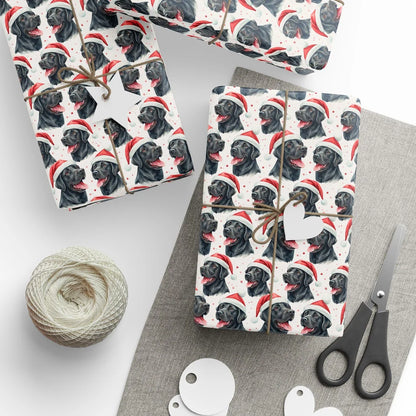 Santa Paws Black Lab Christmas Wrapping Paper — styled gift wrapping with scissors and twine