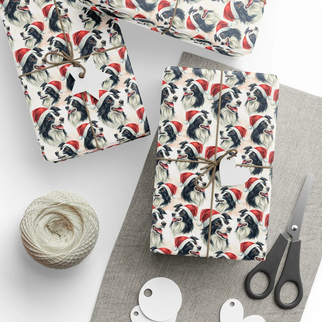 Santa Paws Border Collie Christmas Wrapping Paper — styled gift wrapping with scissors and twine