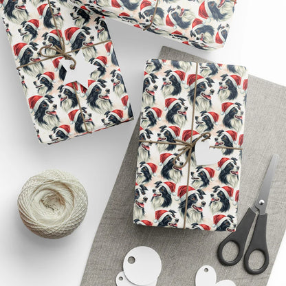 Santa Paws Border Collie Christmas Wrapping Paper — styled gift wrapping with scissors and twine