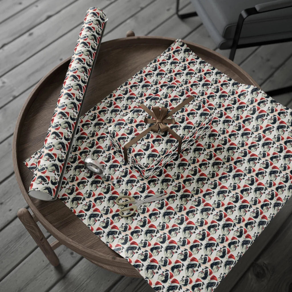 Santa Paws Border Collie Christmas Wrapping Paper — gift wrapping presented on a wooden table