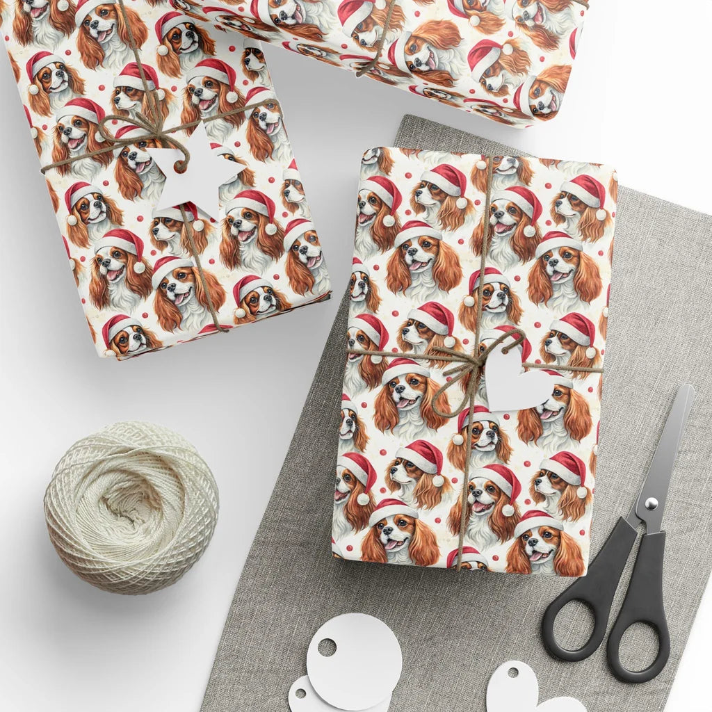 Santa Paws: Cavalier King Charles Spaniel Christmas Wrapping Paper — styled gift wrapping with scissors and twine