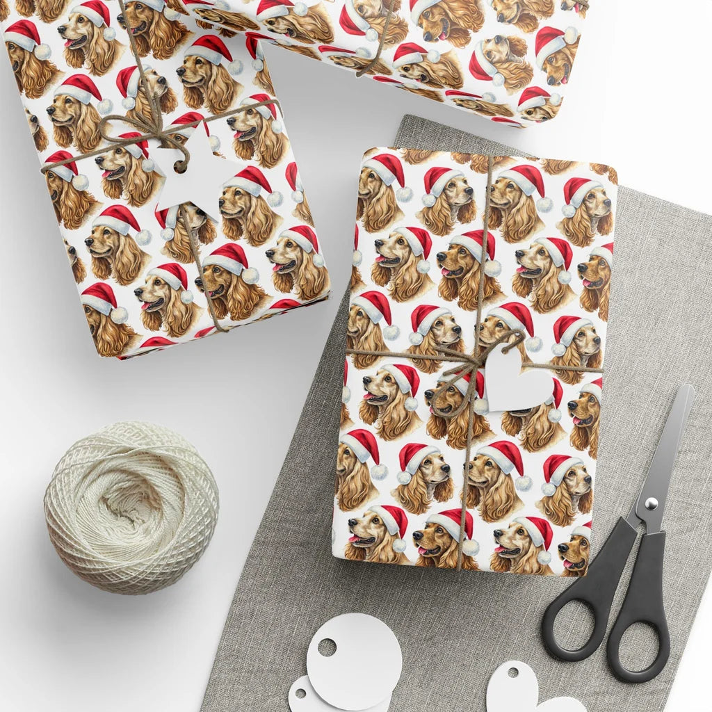 Santa Paws: Cocker Spaniel Christmas Wrapping Paper — styled gift wrapping with scissors and twine