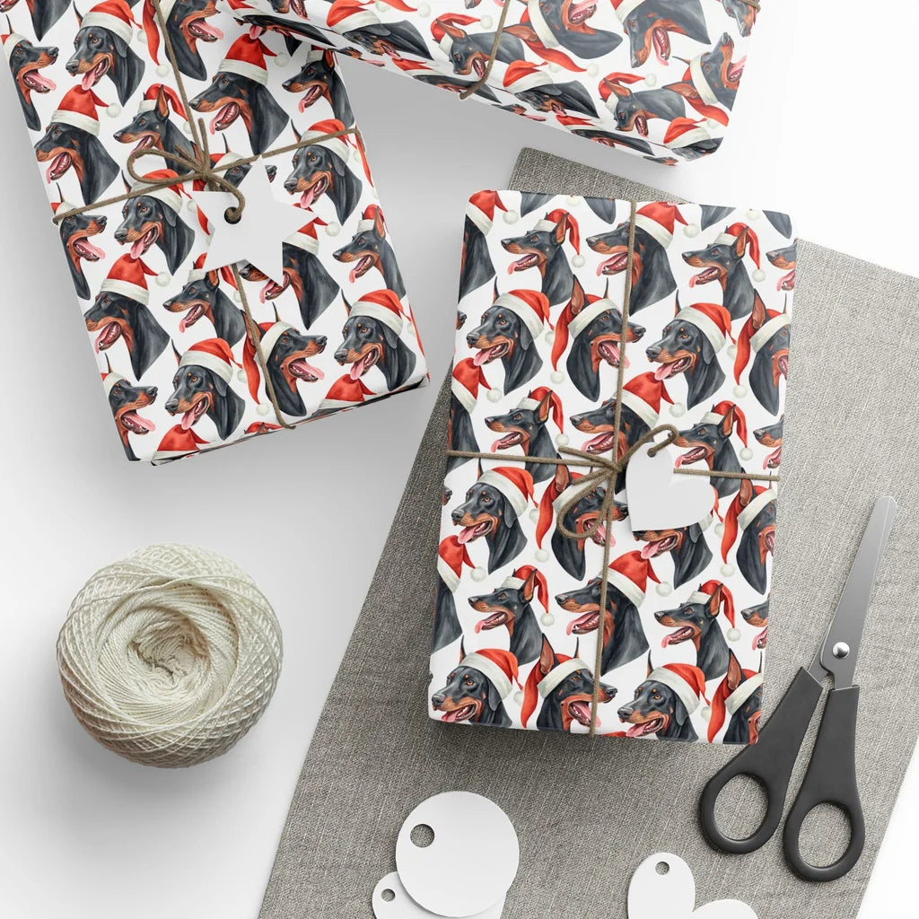 Santa Paws Doberman Christmas Wrapping Paper — styled gift wrapping with scissors and twine