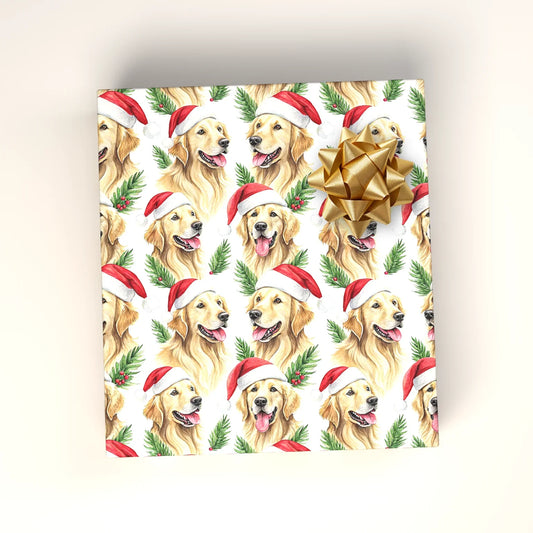 Santa Paws Golden Retriever Christmas Wrapping Paper — wrapped gift presentation