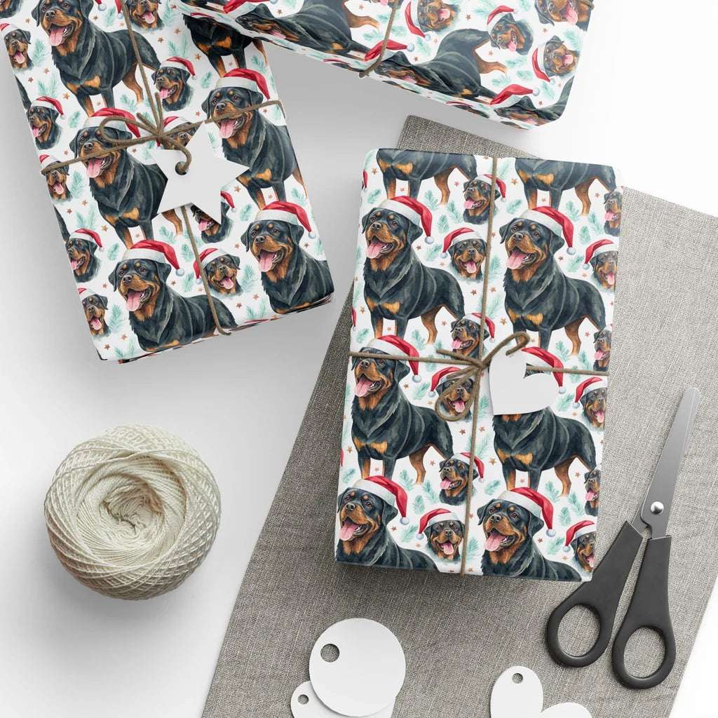 Santa Paws Rottweiler Christmas Wrapping Paper — styled gift wrapping with scissors and twine