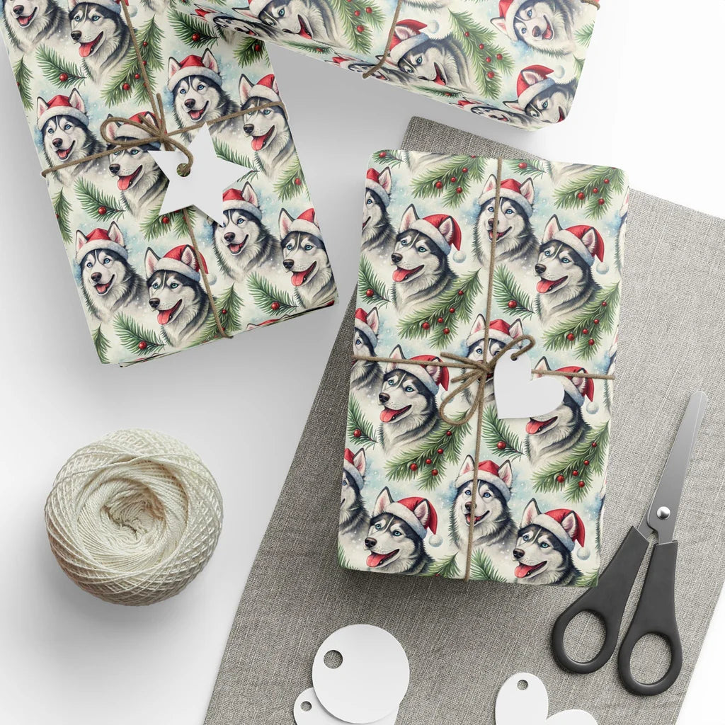 Santa Paws Siberian Husky Christmas Wrapping Paper — styled gift wrapping with scissors and twine