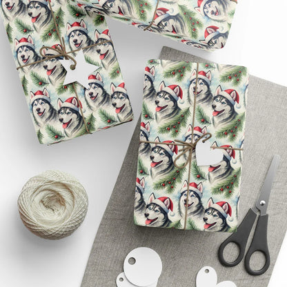 Santa Paws Siberian Husky Christmas Wrapping Paper — styled gift wrapping with scissors and twine