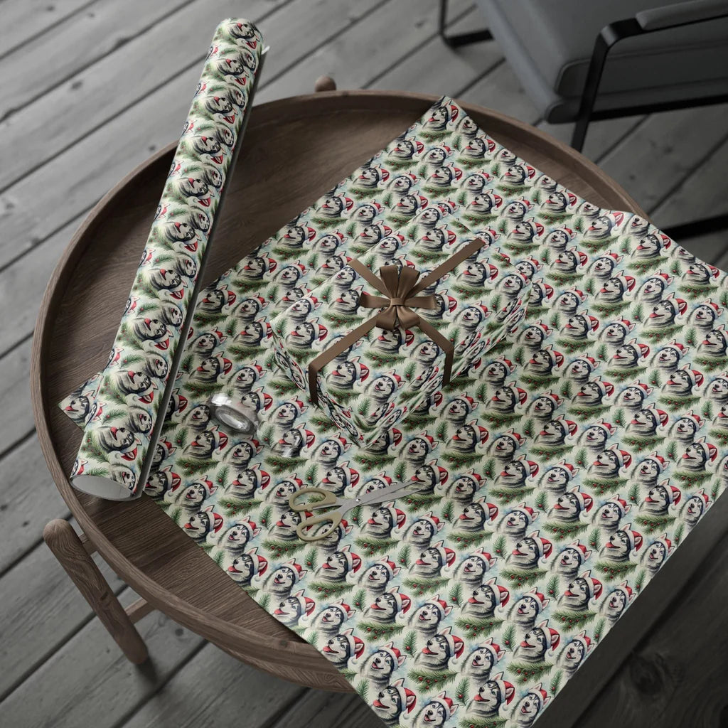Santa Paws Siberian Husky Christmas Wrapping Paper — gift wrapping presented on a wooden table