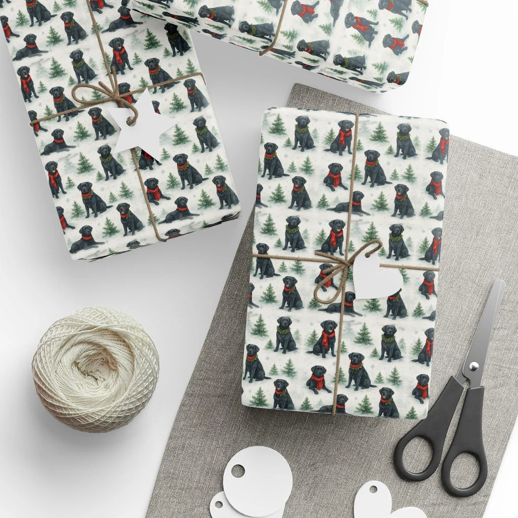 Scarf Season: Black Lab Christmas Wrapping Paper — styled gift wrapping with scissors and twine