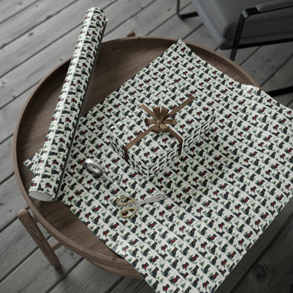 Scarf Season: Black Lab Christmas Wrapping Paper — gift wrapping presented on a wooden table
