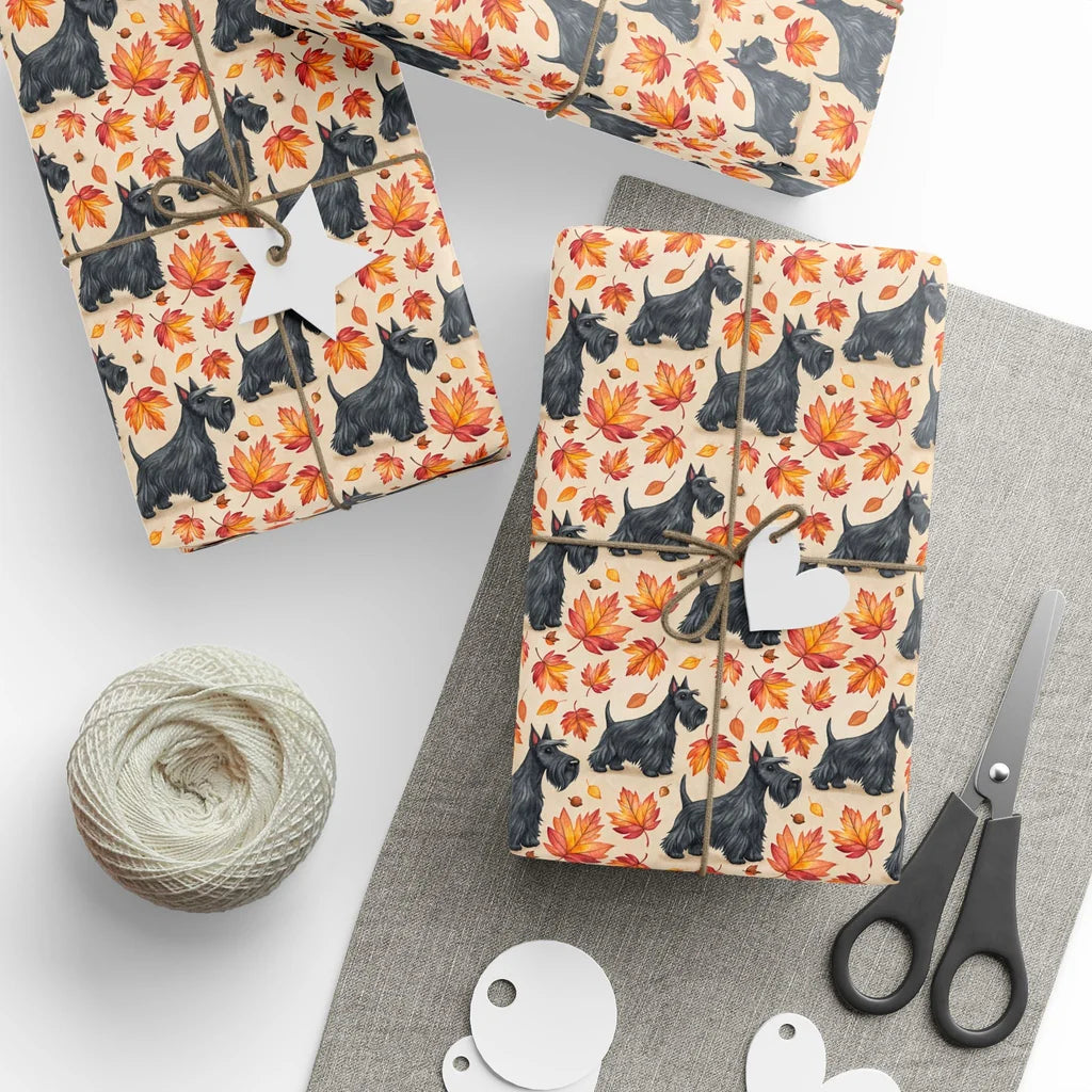 Scottish Terrier Autumn Wrapping Paper — styled gift wrapping with scissors and twine