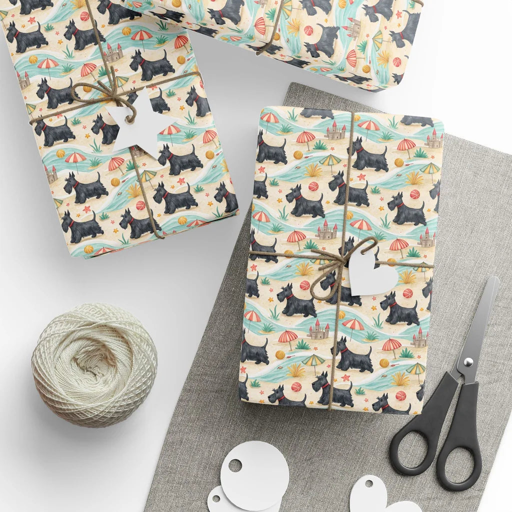 Scottish Terrier Beach Wrapping Paper — styled gift wrapping with scissors and twine
